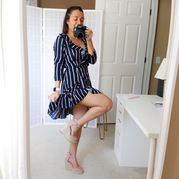 Blue Striped Fit and Flare Ruffle Wrap Dress - Picture 13 of 15